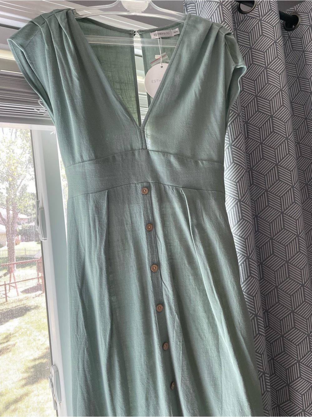 Sage Green Midi Button-Front V-Neck Dress